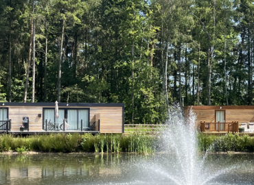 Rowan Boutique Lodges overlooking tranquil lake with fountain, surrounded by mature woodland, ideal for couples and dogs.