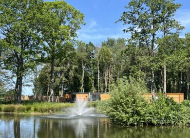 Scenic view of a tranquil lake with a fountain, surrounded by lush greenery and trees, featuring Rowan Boutique Lodges in the background, ideal for couples and dog-friendly retreats.