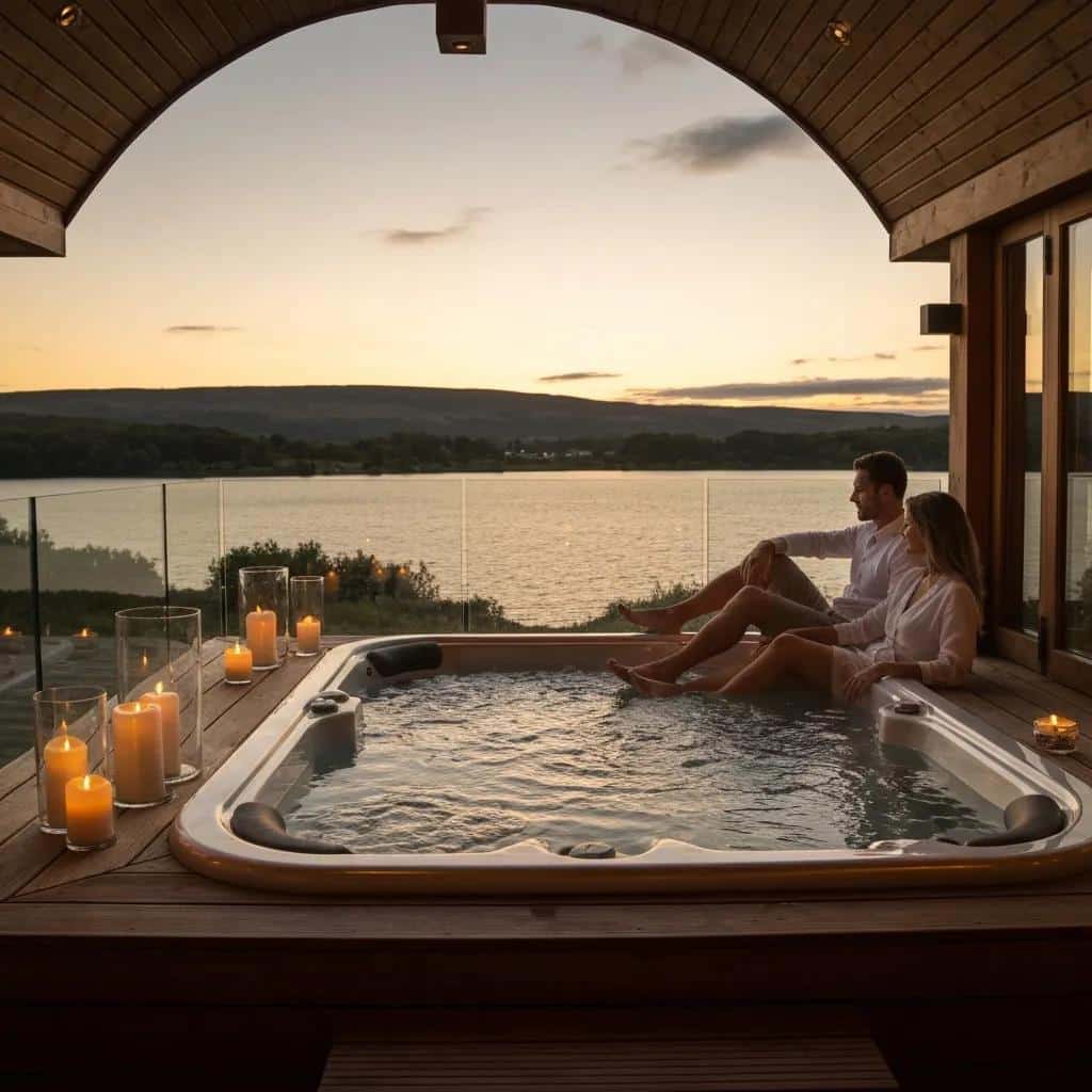 Couple enjoying a private hot tub on a lodge deck at sunset, with a peaceful lake view