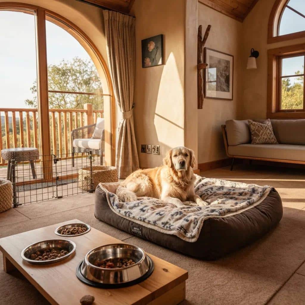 Comfortable lodge interior arranged for guests with dogs, showing durable finishes and pet‑friendly touches
