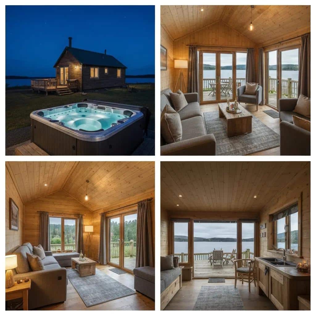 Luxury dog-friendly lodge with private hot tub, scenic lakeside views, and cosy interiors, featuring king-size beds and en-suite bathrooms, ideal for romantic getaways.