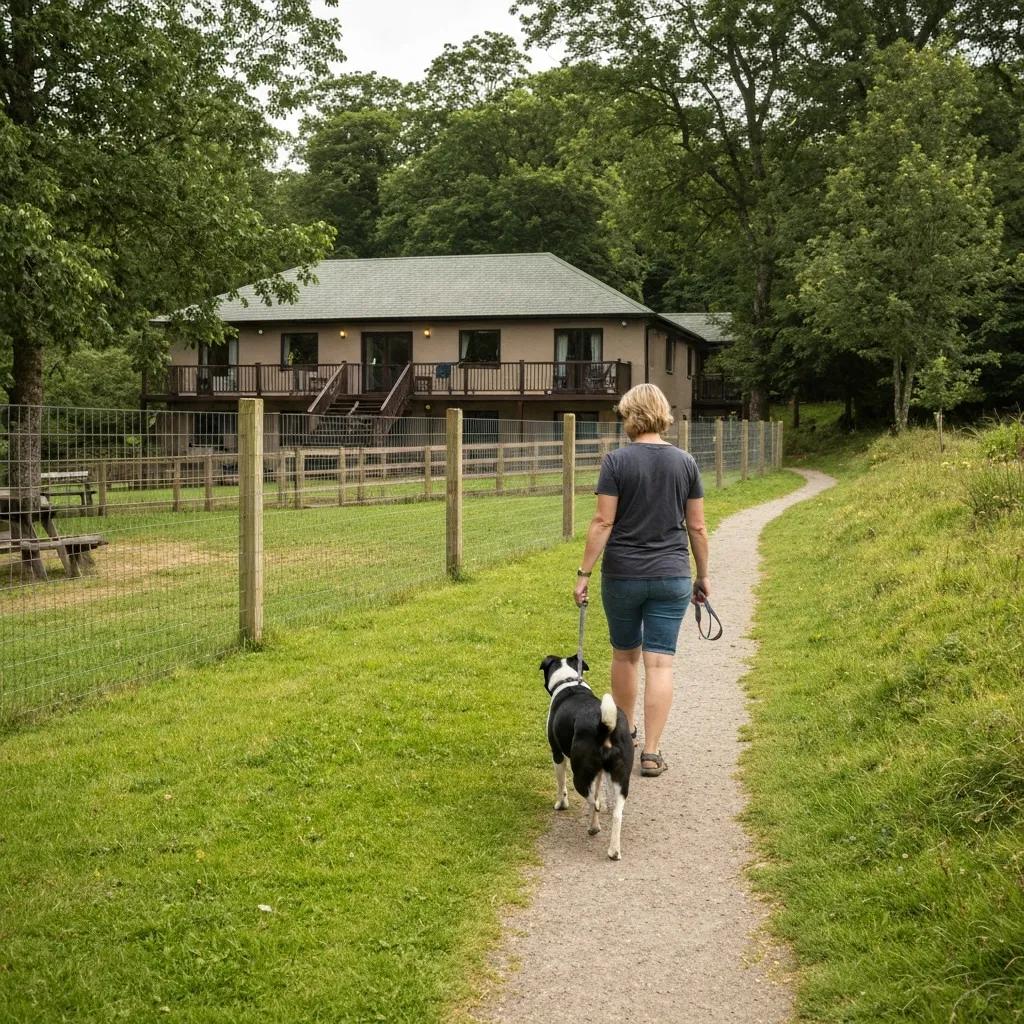 Woman walking a well-behaved dog on a leash along a scenic path near a dog-friendly lodge at Woodland Lakes, surrounded by lush greenery and secure fencing.