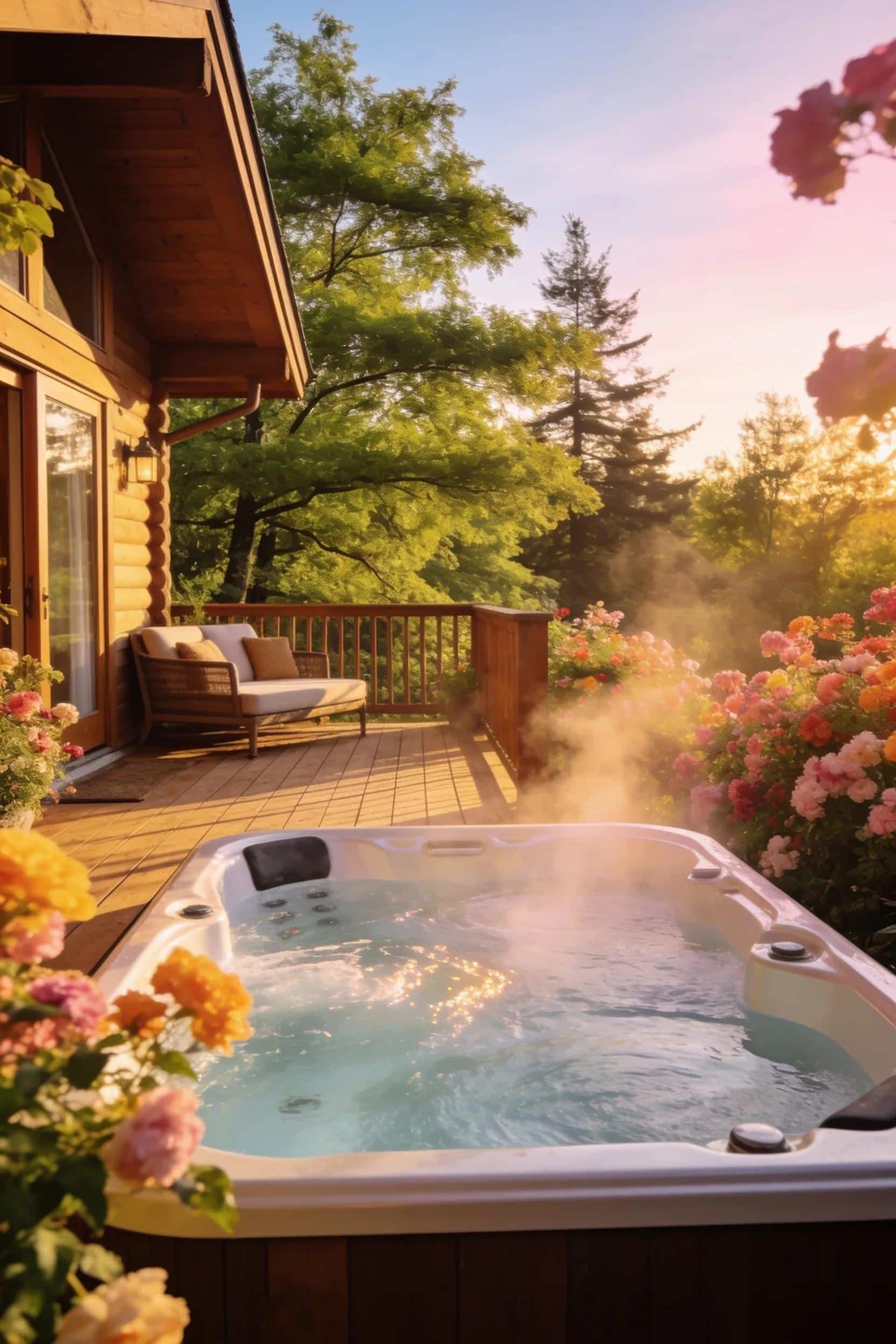 Woodland Lakes lodge with hot tub and decking, offering a relaxing woodland escape.