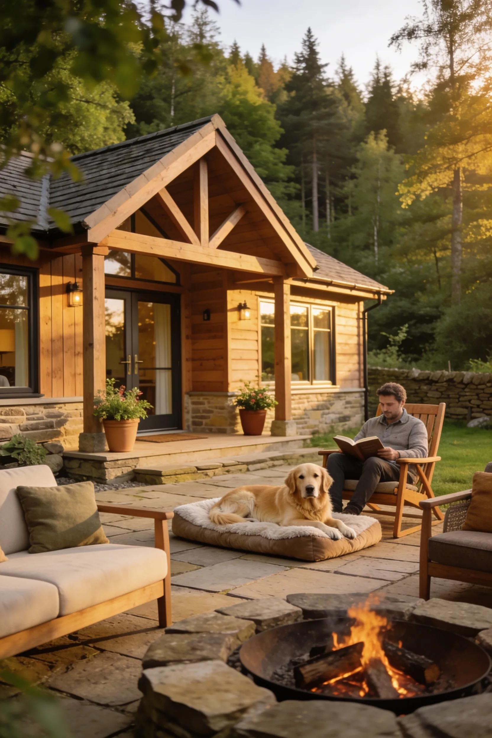 Dog-friendly luxury lodge with a hot tub and a man reading, relaxing with his dog in the tranquil woodland surroundings near York.
