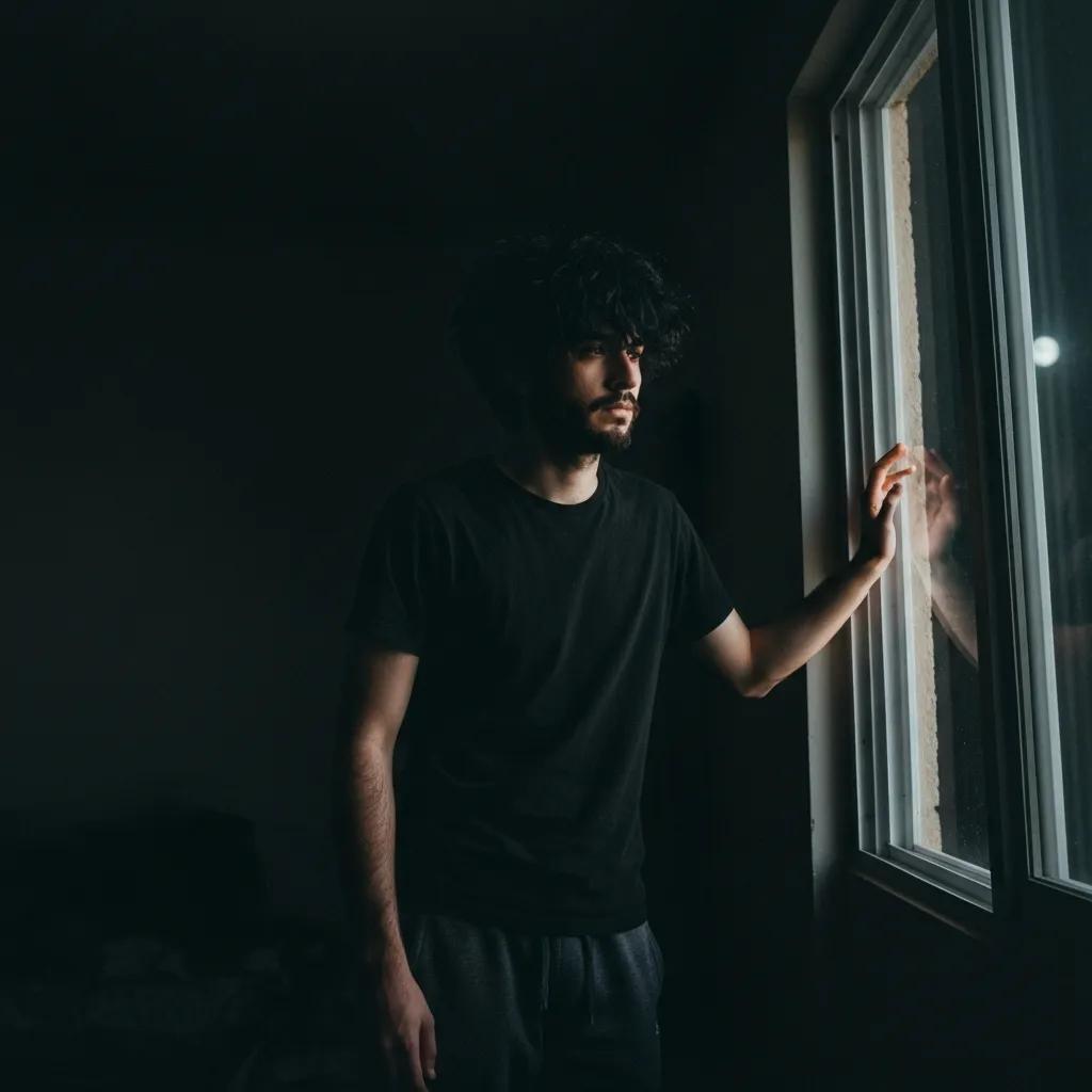 Man gazing out of window, dark room, contemplative mood.