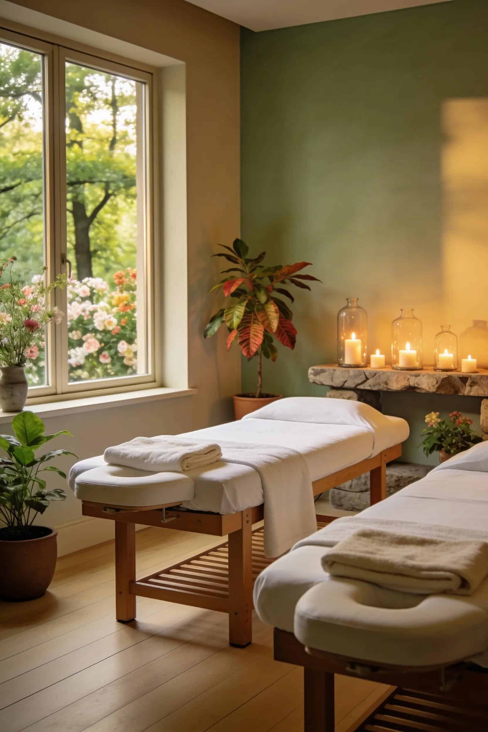 Tranquil wellness spa room with natural light and calming atmosphere