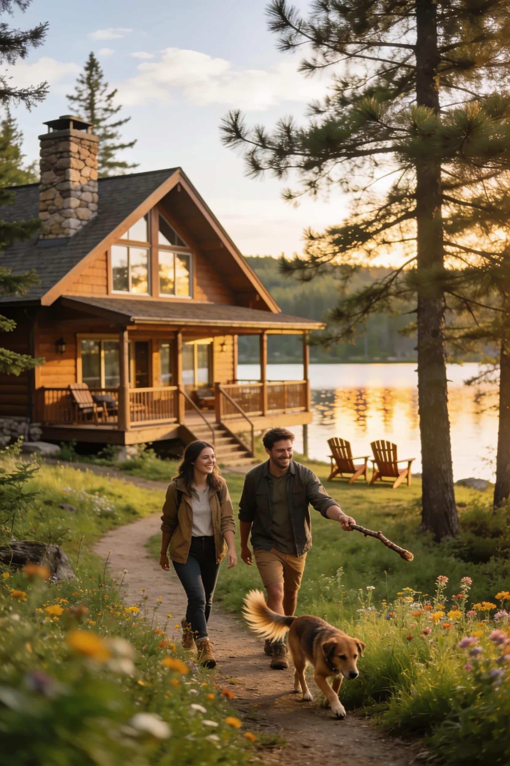 Luxury dog-friendly lodge at Woodland Lakes Holiday Lodges with lake view and couple walking dog.