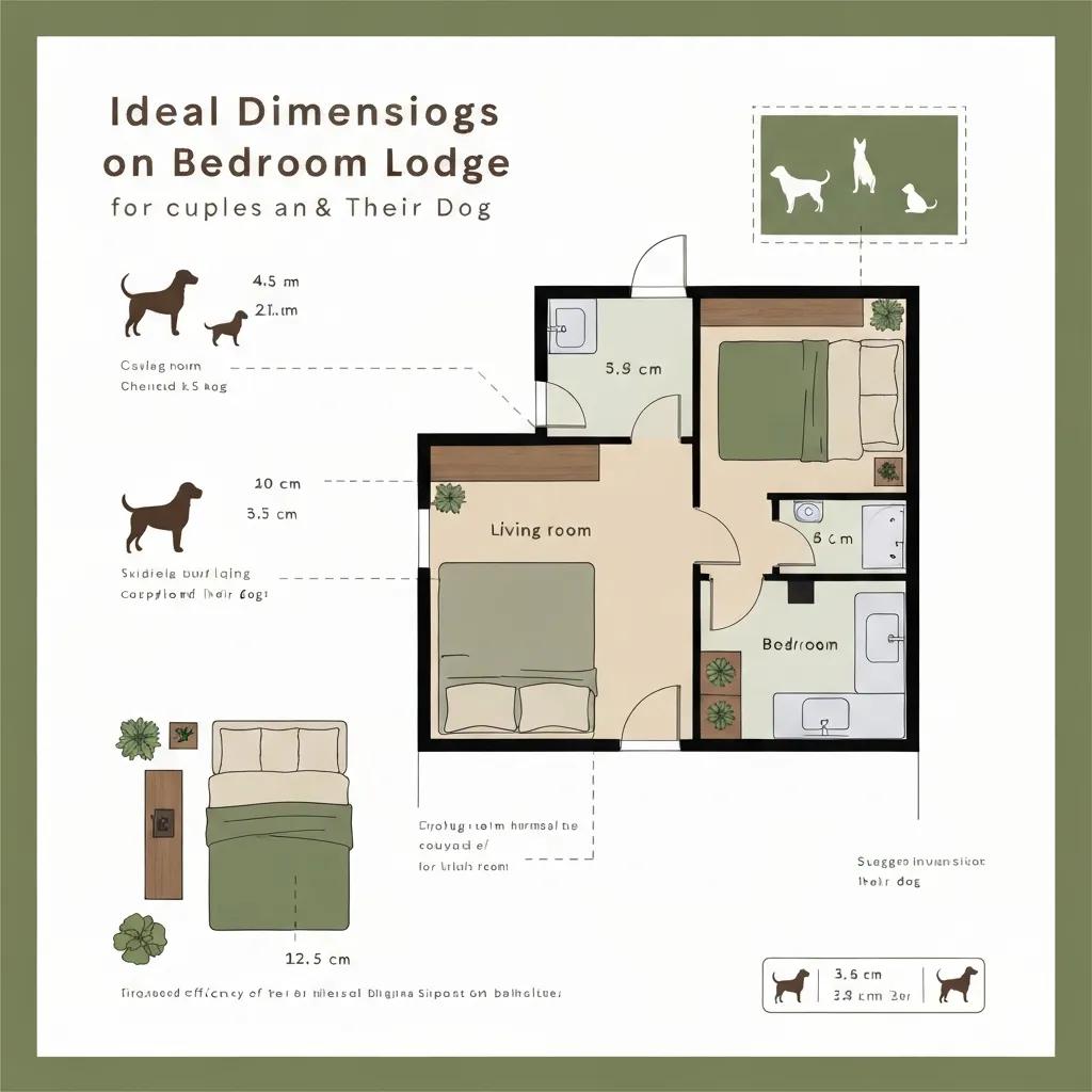 Diagram of a one-bedroom dog-friendly lodge layout showing living, sleeping, and bathroom areas with dimensions.