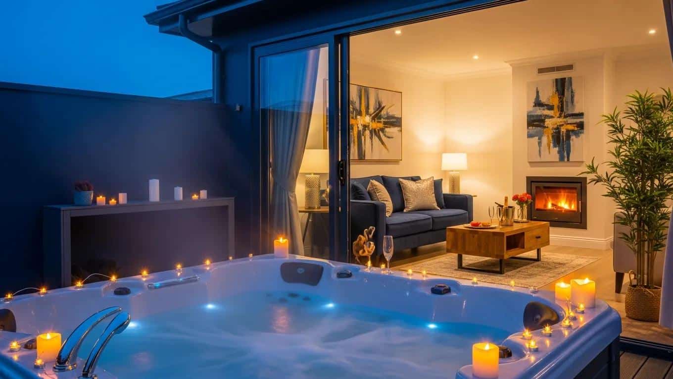 Luxurious amenities in a couples retreat, featuring a private hot tub and stylish interiors