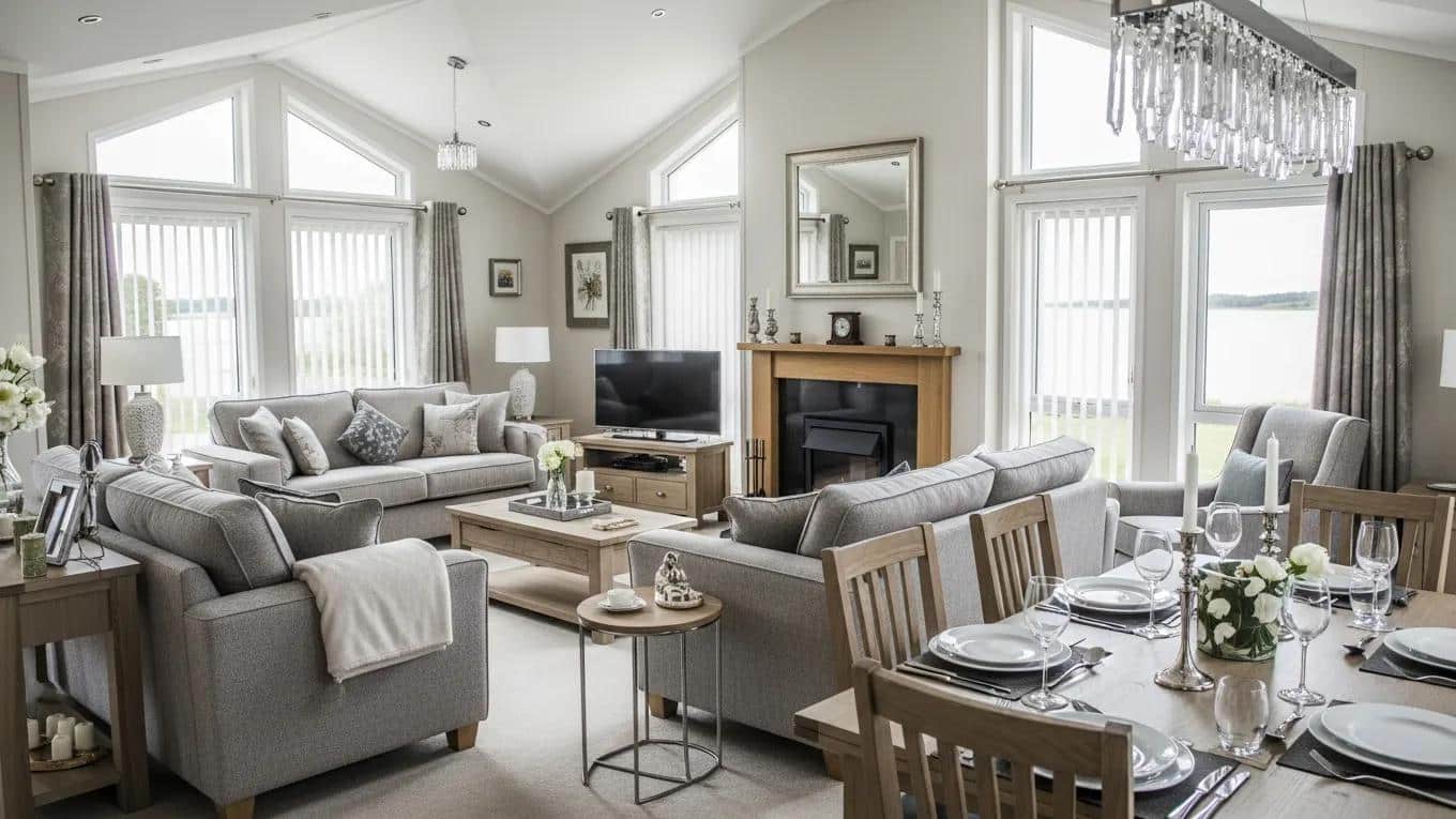 Luxurious Woodland Lakes lodge interior with stylish furnishings and scenic views.