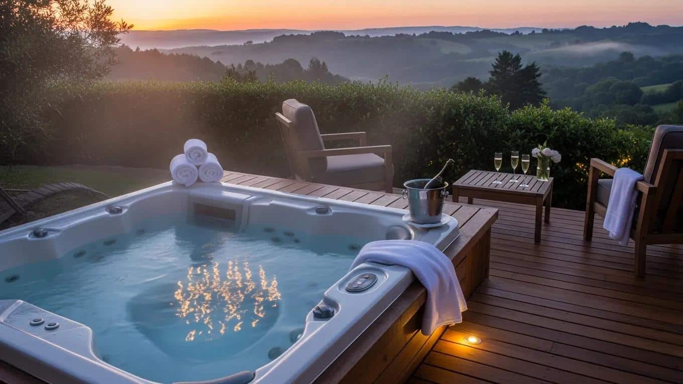 Private hot tub on decking with scenic lakeside views and luxury amenities at Woodland Lakes lodges.