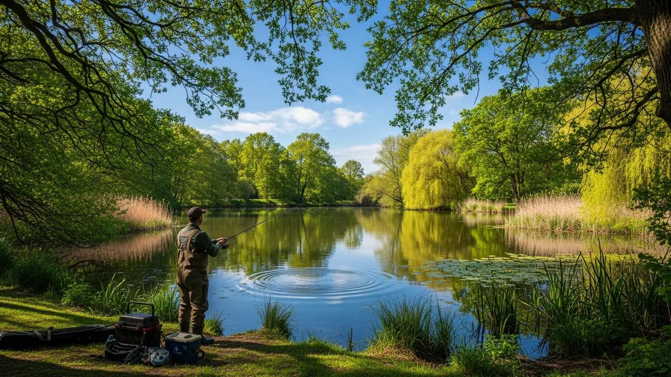 Angler fishing at Woodland Lakes in Yorkshire, surrounded by nature