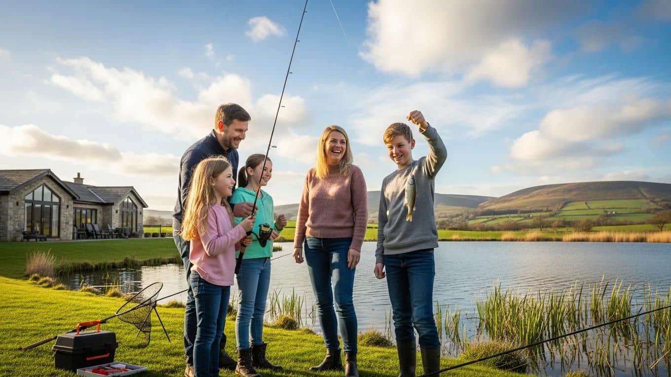 Family enjoying outdoor activities near luxury lodges in Yorkshire