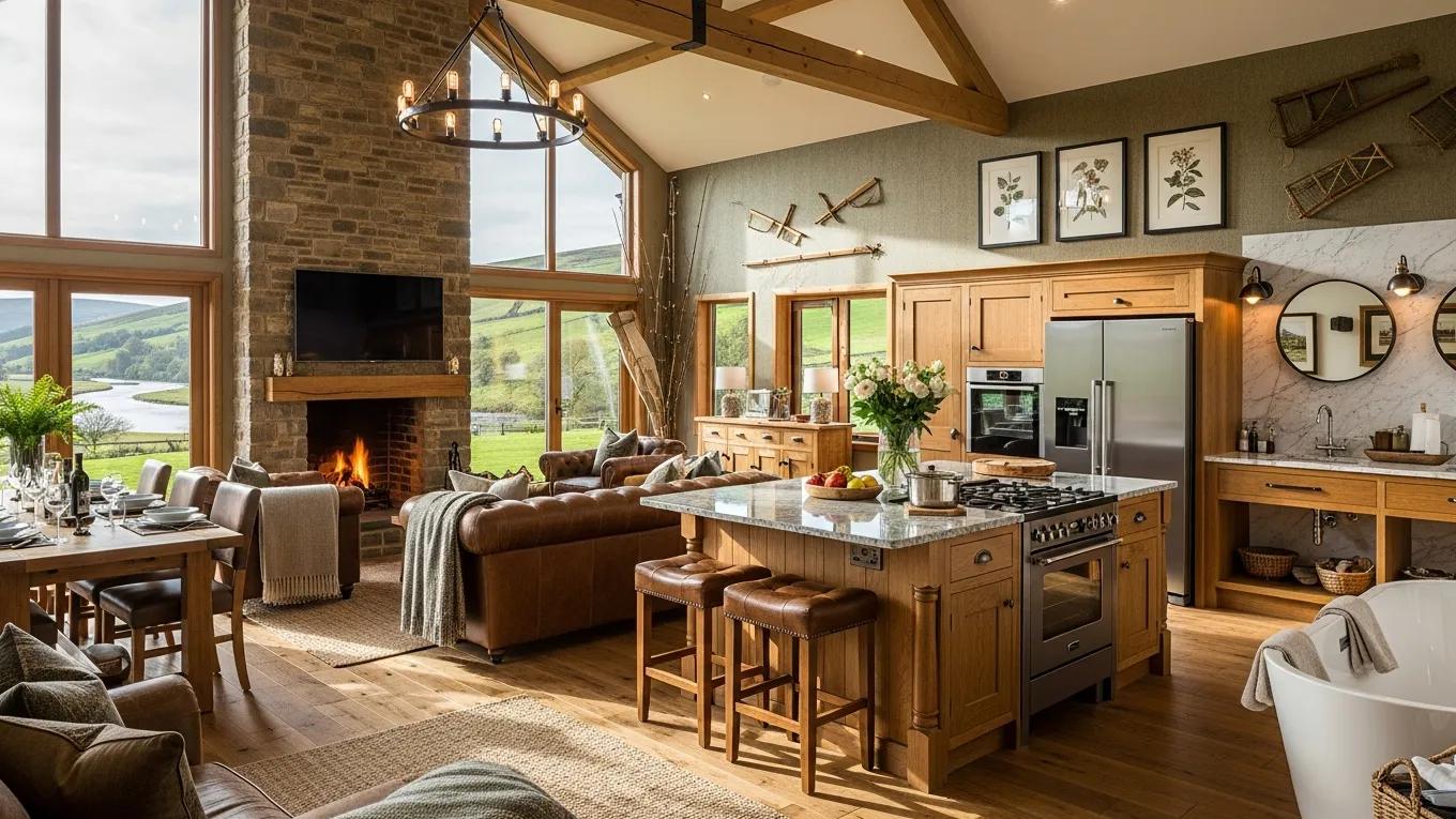 Interior of a luxury fishing lodge featuring high-end amenities and a cozy atmosphere