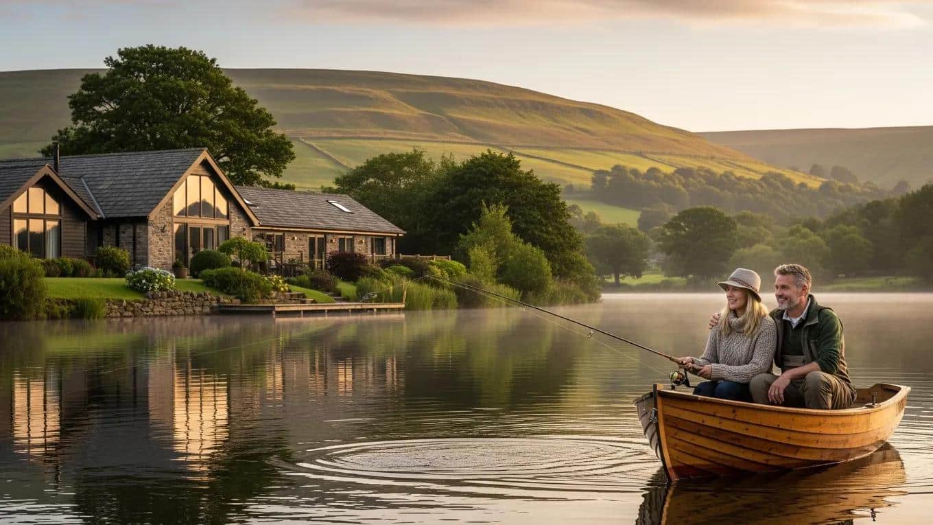 Luxury fishing lodge by a tranquil lake in North Yorkshire, highlighting relaxation and adventure