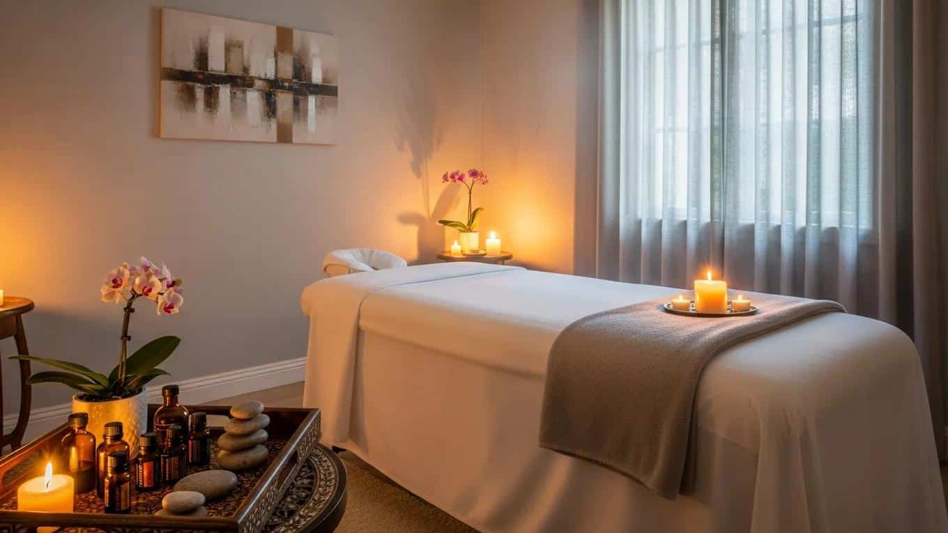 Luxury spa setting with massage table, candles, and calming decor for relaxation