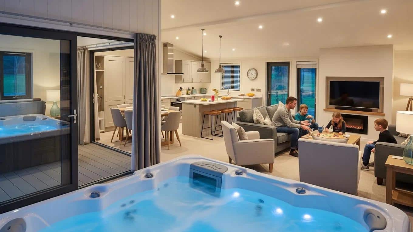 Spacious interior of a hot tub lodge showcasing modern amenities and family-friendly features
