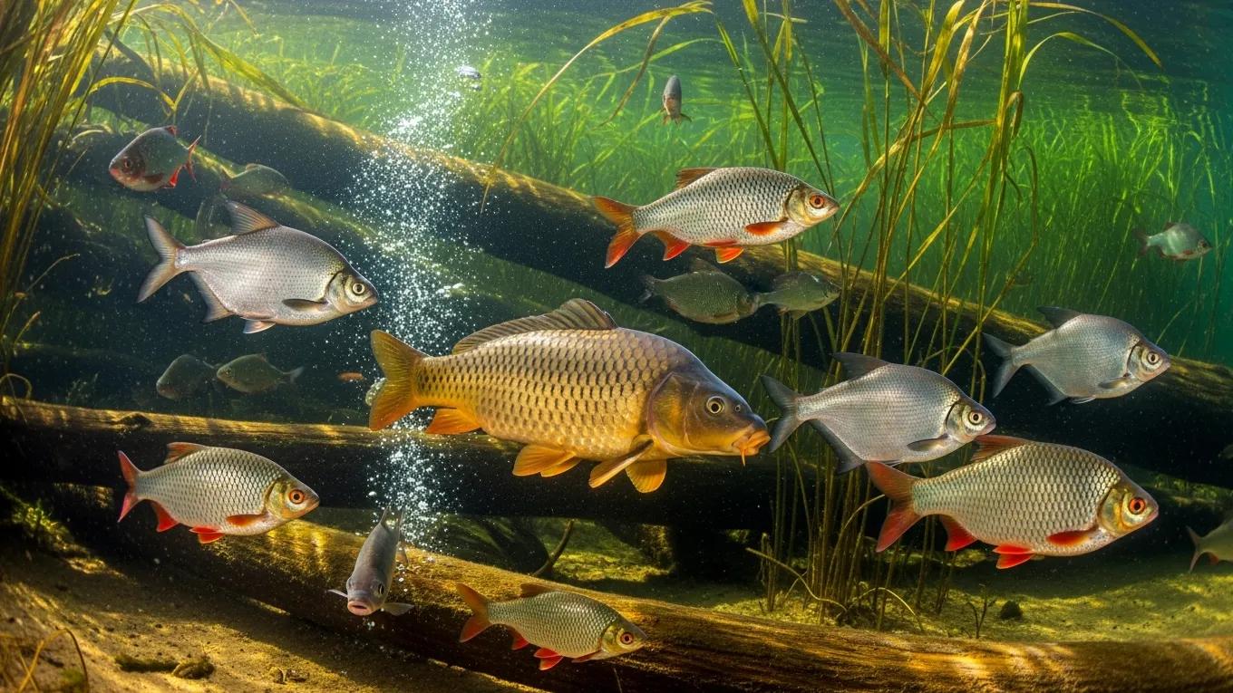 Underwater scene showcasing diverse fish species found in Woodland Lakes' private fishing lakes